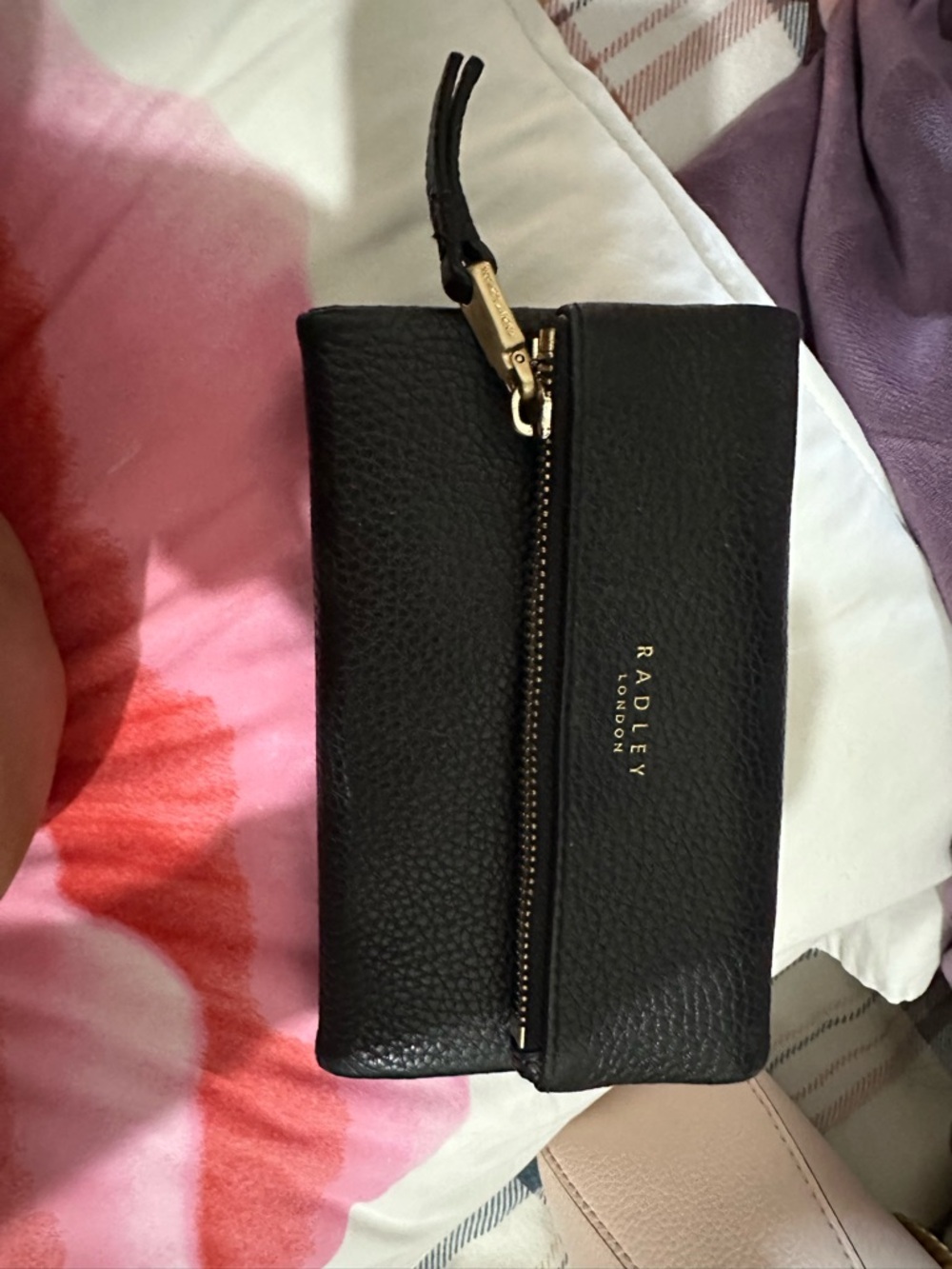 RADLEY LONDON Black Leather Zip Card & Key Holder with Gold Hardware